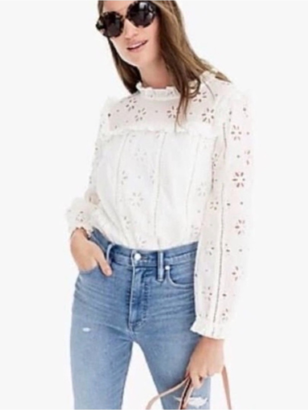 J.Crew Women’s White Eyelet Lace Long-Sleeve Blouse Medium